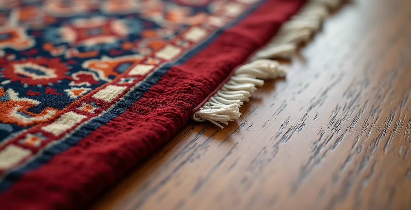 Gros plan sur les techniques de fixation invisibles d'un tapis persan