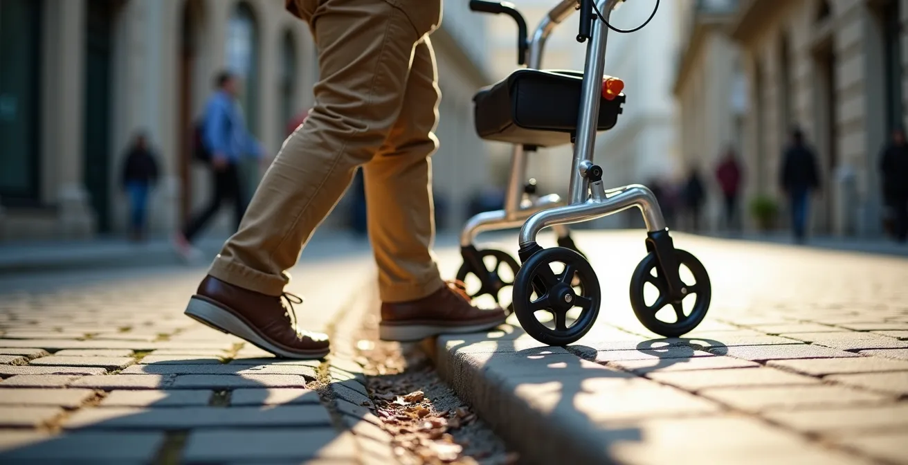 Démonstration de la technique du pas chassé avec un rollator pour monter un trottoir