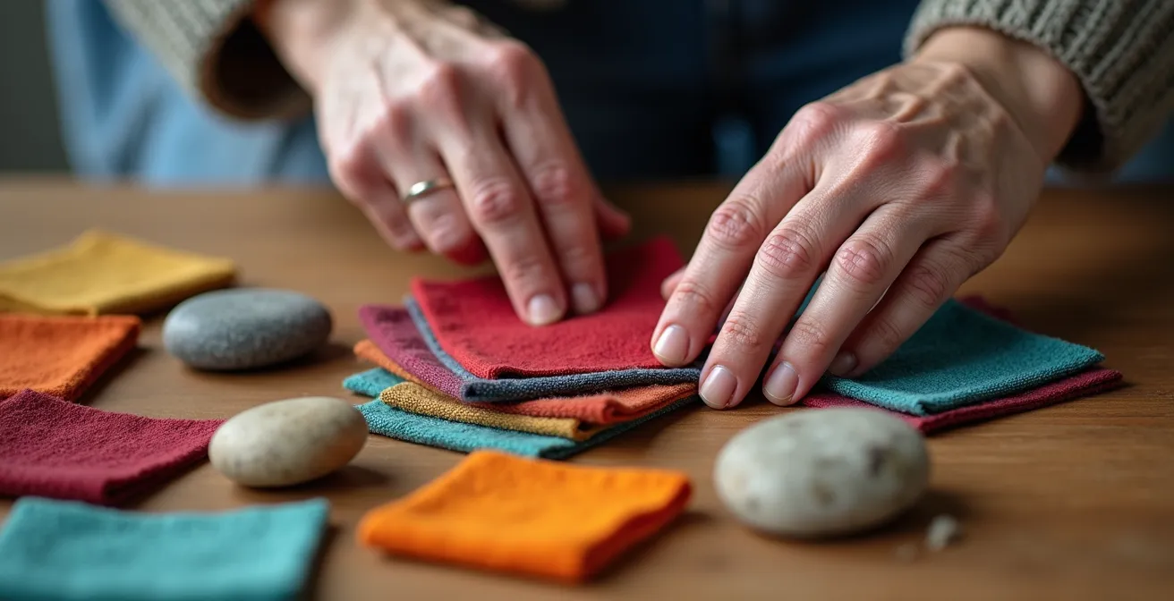 Gros plan sur les mains d'une personne âgée manipulant des objets colorés pour un exercice de mémoire sensorielle