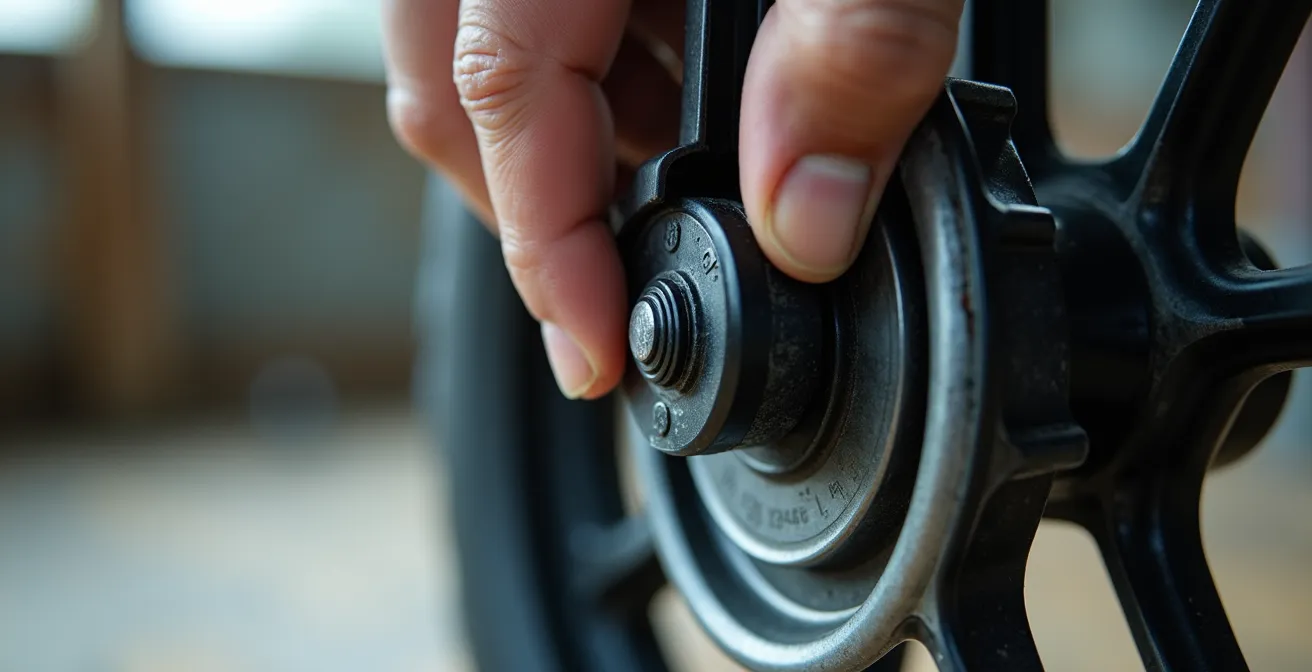 Gros plan sur le système de freinage d'un rollator avec test de vérification
