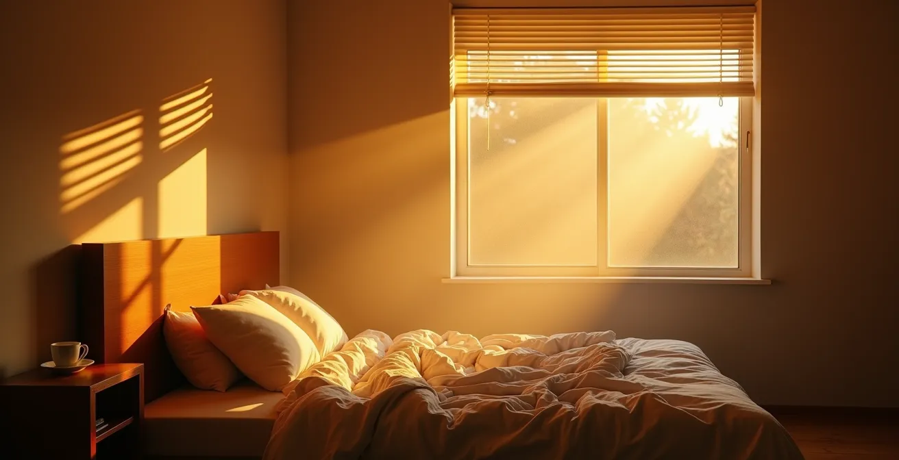 Chambre baignée de lumière douce du matin avec volets s'ouvrant progressivement