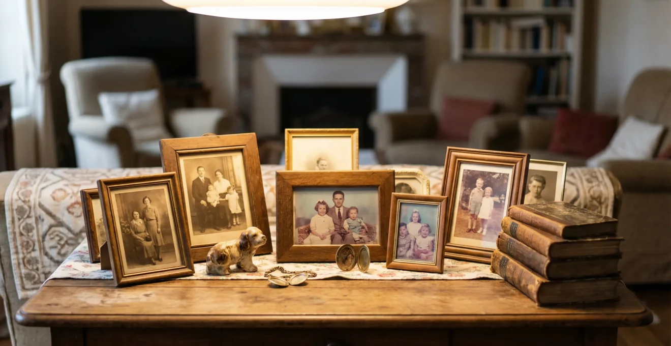 Objets personnels et photos de famille symbolisant le patrimoine affectif à transmettre