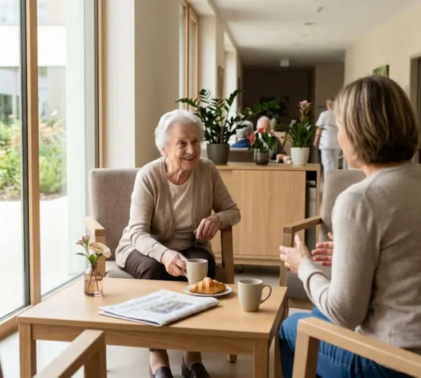 Une femme d'âge mûr assise à côté d'une personne âgée dans un salon d'EHPAD moderne, conversation naturelle autour d'une table basse près d'une grande fenêtre