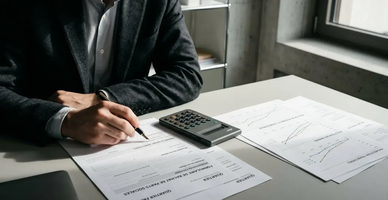Calculatrice et formulaires de rachat de trimestres avec graphiques de rentabilité sur un bureau professionnel