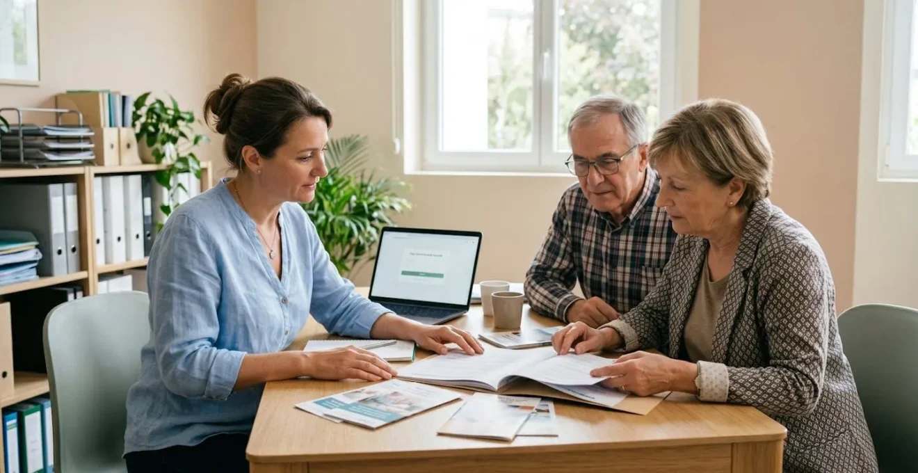 Une conseillère spécialisée accompagne un couple dans l'examen de dossiers d'EHPAD lors d'une consultation personnalisée dans un bureau lumineux