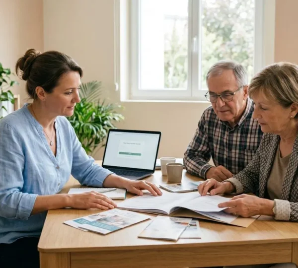 Une conseillère spécialisée accompagne un couple dans l'examen de dossiers d'EHPAD lors d'une consultation personnalisée dans un bureau lumineux