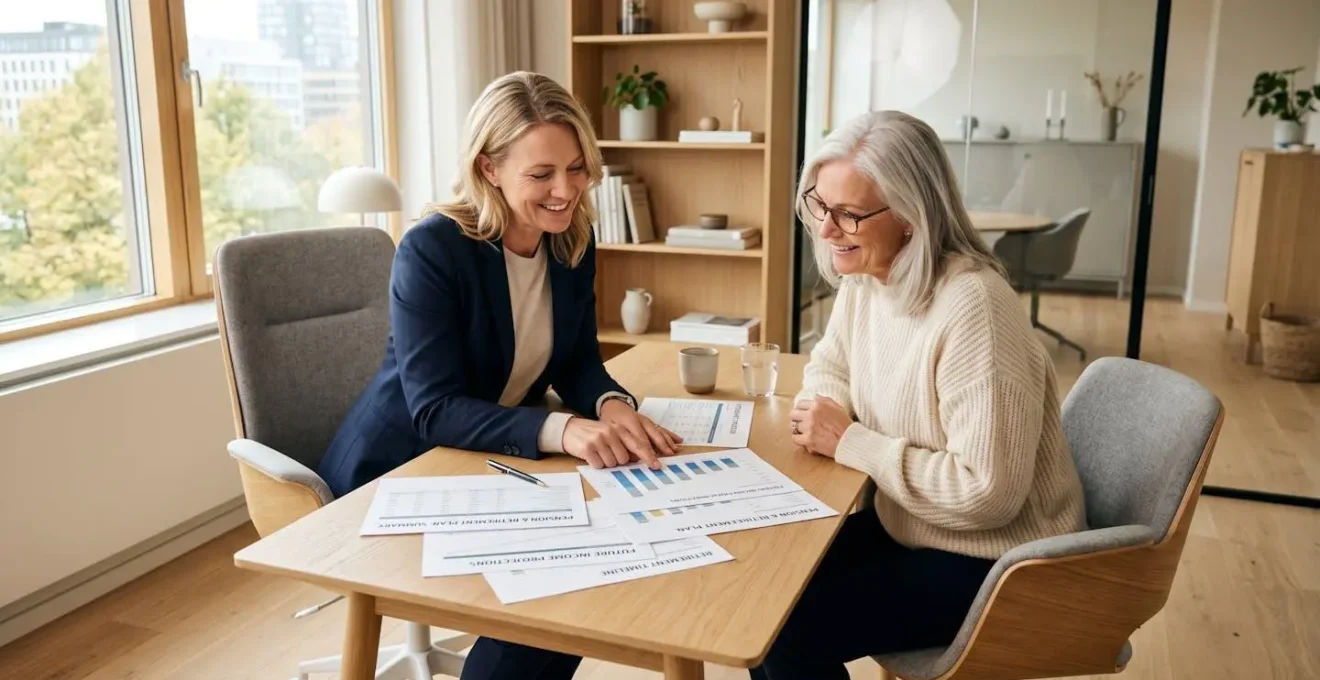 Consultation entre une experte retraite et sa cliente dans un bureau moderne avec documents sur la table