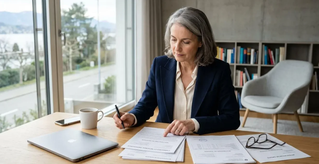 Femme senior en tenue professionnelle consultant des documents de retraite à un bureau contemporain avec éclairage naturel