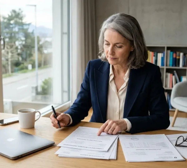 Femme senior en tenue professionnelle consultant des documents de retraite à un bureau contemporain avec éclairage naturel