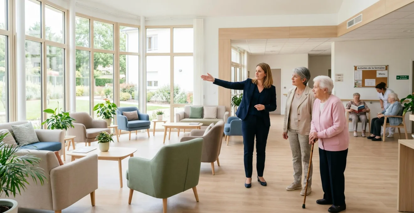 Une responsable d'EHPAD fait visiter le salon commun lumineux à une famille, dans un établissement moderne aux espaces de vie chaleureux